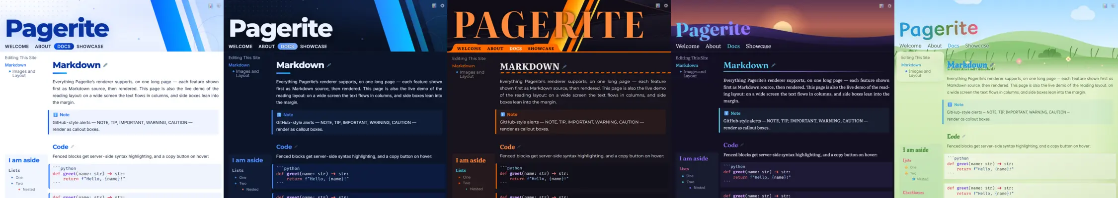 The same site in five themes